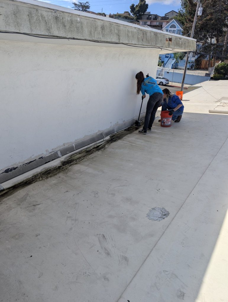 Scrubbing algae and grime from a commercial flat roof
