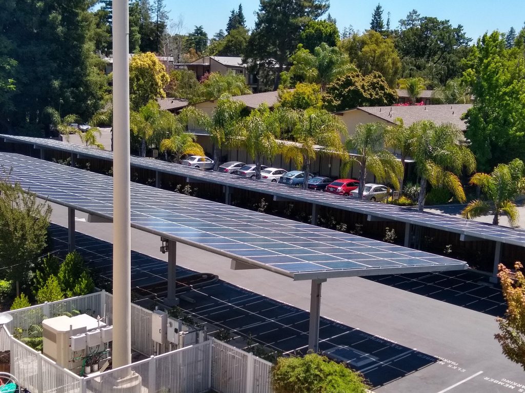 Solar panel carports at an apartment complex